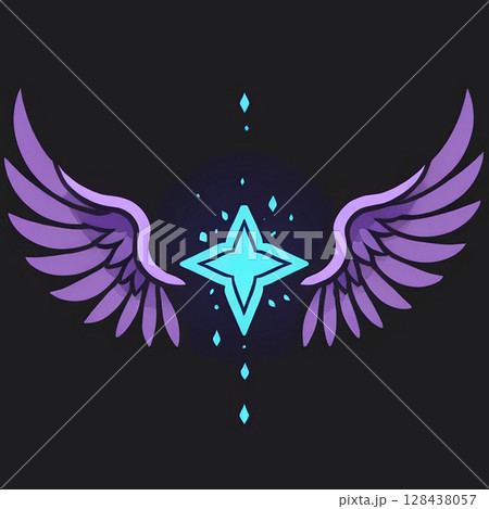 Wings with a star in the center surrounded by mystical blue light, featuring a symmetrical design with sharp edges and a dark background enhancing the overall visual impact. 128438057