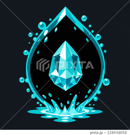 A bright aqua crystal embedded in a water droplet, surrounded by splashes and bubbles, against a dark background, creating a vibrant and striking visual image. 128438058
