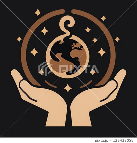 Global hands cradling a stylized Earth with sparkling stars on a dark background, symbolizing care, unity, and environmental awareness in a modern design. 128438059