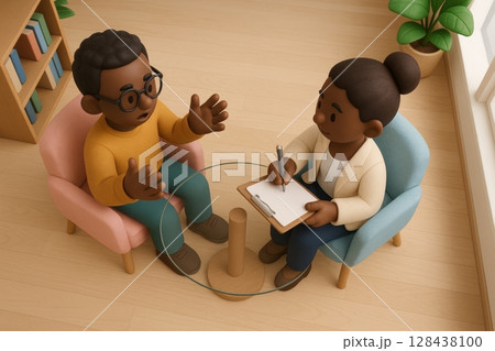 Cartoon man expressing emotions while female therapist takes notes during a session Cartoon man expressing emotions while female therapist takes notes during a session 128438100