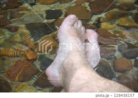 Feet submerged in clear water with stones, creating a tranquil and refreshing scene for relaxation. Feet submerged in clear water with stones, creating a tranquil and refreshing scene for relaxation. 128438157