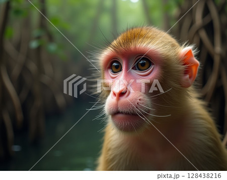 Close-Up Portrait of a Young Monkey with Expressive Eyes in a Mangrove Forest Setting 128438216