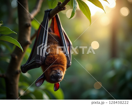 Striking Flying Fox Bat Perched on Branch in Golden Rainforest Glow 128438222