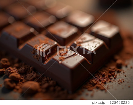 Rustic Macro Shot of Dark Chocolate Bar with Cocoa Powder Fragments in Warm Soft Lighting 128438226