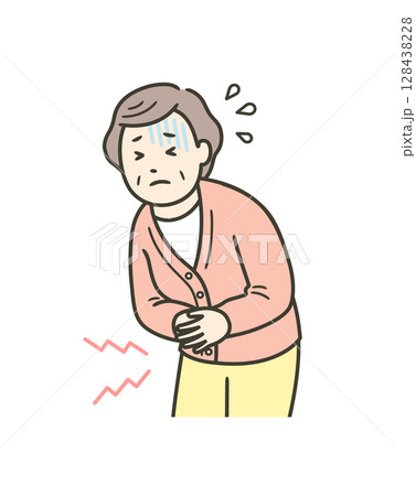 腹痛でお腹を押さえて苦しむ高齢女性の上半身イラスト 腹痛でお腹を押さえて苦しむ高齢女性の上半身イラスト 128438228