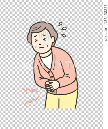 Upper body illustration of an elderly woman suffering from abdominal pain and holding her stomach 128438228