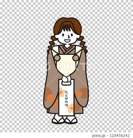 七五三：身穿和服、手捧糖果的女孩 128438242