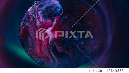 Color ink spill. Bright emulsion. Defocused red purple yellow ink silver circle spreading on abstract neon acrylic art background. 128438254
