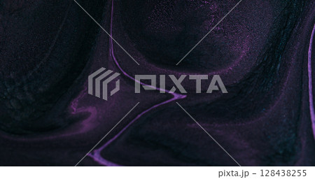 Paint splash. Chemical texture. Defocused purple color flowing pigment liquid emulsion floating on abstract creative art background. 128438255