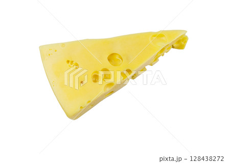 Piece of swiss cheese isolated on white background. Top view 128438272