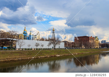 View of Intercession (Pokrovsky) Monastery and the Lopan river in Kharkov, Ukraine 128438293