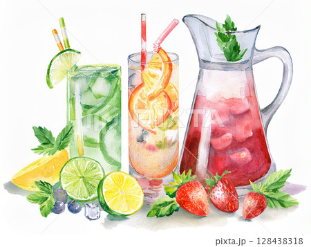 水彩 フルーツ ジュース イラストカクテル 複数 お酒 苺 オレンジ ライム アルコール シンプル 水彩 フルーツ ジュース イラストカクテル 複数 お酒 苺 オレンジ ライム アルコール シンプル 128438318