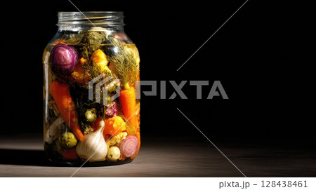 A glass jar filled with vibrant pickled vegetables stands against a dark backdrop, creating interesting shadows and highlighting its colorful contents. A glass jar filled with vibrant pickled vegetables stands against a dark backdrop, creating interesting shadows and highlighting its colorful contents. 128438461
