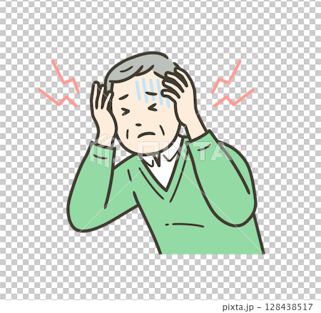 Illustration of an elderly man suffering from a headache and holding his head Illustration of an elderly man suffering from a headache and holding his head 128438517