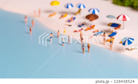 ミニチュア　ビーチ　海　夏　人物　男性　女性　水着　レジャー　遊び　休暇　風景 128438524