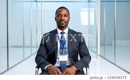 ガラス張りの部屋の中で腰かけるスーツ姿の男性 128438573