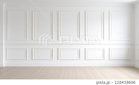Bright, empty room featuring a classic wooden door and floor against a clean white wall, showcasing simple home interior design 128438606