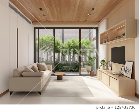 AI生成画像　モダンな和風新築住宅のリビングルーム 128438730
