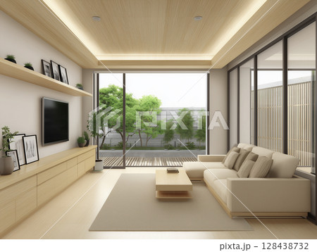 AI生成画像　モダンな和風新築住宅のリビングルーム 128438732
