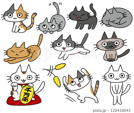 いろんな種類のかわいい手描き風の猫イラストのイラスト素材
