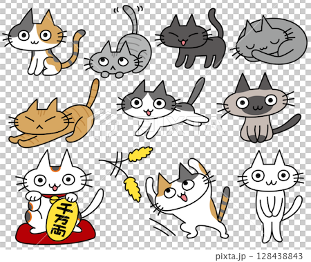 いろんな種類のかわいい手描き風の猫イラスト 128438843