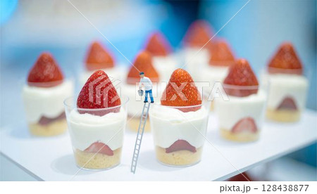 ミニチュア　ケーキ　スイーツ　苺　人形　フィギュア　クリスマス　お菓子　製菓　仕事　ビジネス　素材 128438877