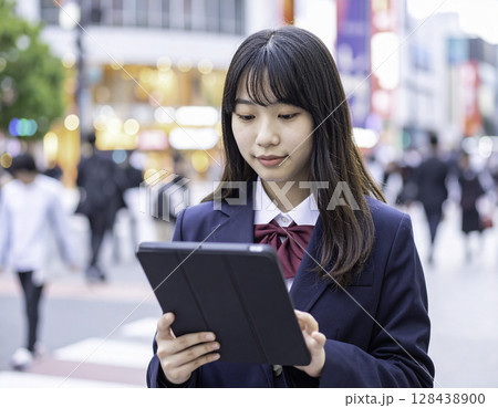 街中でタブレットを操作する女子高校生、デジタル社会と現代の学生ライフスタイル 128438900