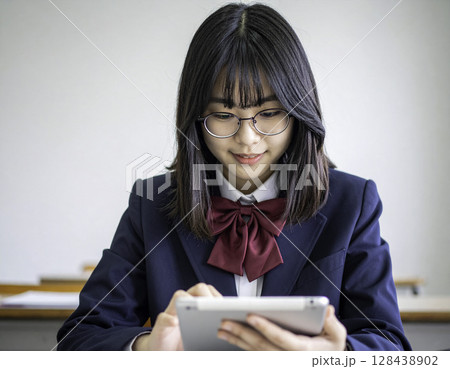 教室でタブレット学習に励む女子高校生、知的で親しみやすい笑顔の学び風景 128438902