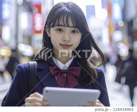 街中でタブレットを持つ女子高校生、都市とデジタル時代を象徴する現代の学生ライフ 128438903