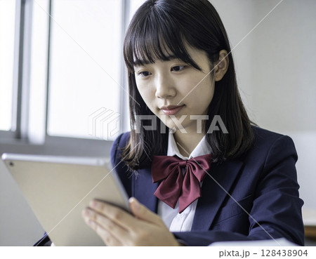 教室でタブレットを使い学習に励む女子高校生、デジタル教育と学びの未来 128438904