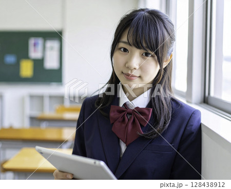 窓際でタブレットを持つ日本人女子高校生（教室・制服・未来・学び） 128438912
