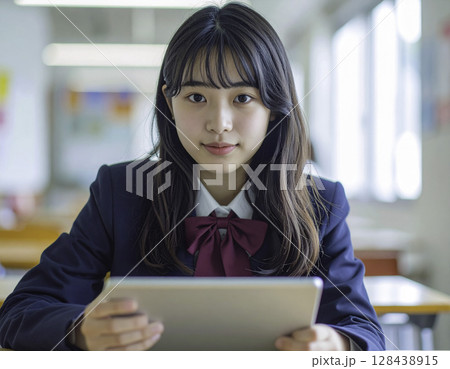 タブレットを持つ日本人女子高校生（教室・制服・学び・未来） 128438915
