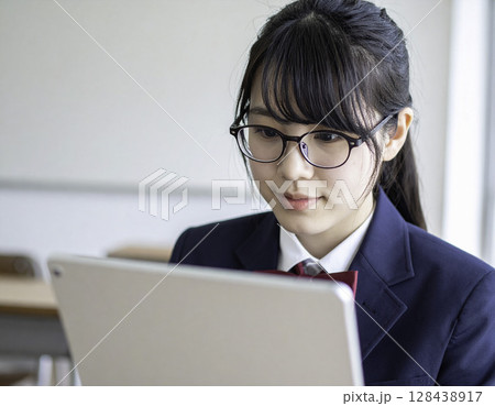 タブレットを使い学習する眼鏡の日本人女子高校生（教室・制服・集中・学び） 128438917