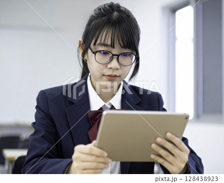 教室でタブレットを使う眼鏡の日本人女子高校生（制服・ICT教育・未来・学び） 128438923