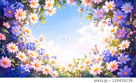 水彩で描いた青空に向かって咲く花の背景イラスト 128439236