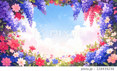 満開の花畑と青空の壁紙 128439238