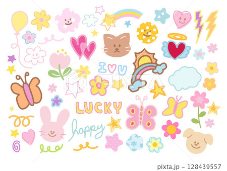 Cute vector illustration of teddy bear, rainbow, puppy, cat, bunny, flower, star, cloud, butterfly for animals, cartoon character, cute patches, kid doll, plush toy, sweet dessert, comic, brooch 128439557
