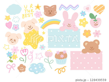 Cute vector illustration of teddy bear, rainbow, puppy, bunny, flower, cat, cherry, polka dot pattern for animals, cartoon character, cute patches, kid doll, plush toy, sweet dessert, comic, brooch 128439559