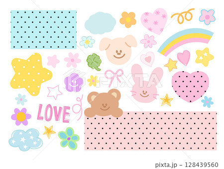 Cute vector illustration of teddy bear, rainbow, puppy, bunny, flower, star, cloud, polka dot pattern for animals, cartoon character, cute patches, kid doll, plush toy, sweet dessert, comic, brooch 128439560