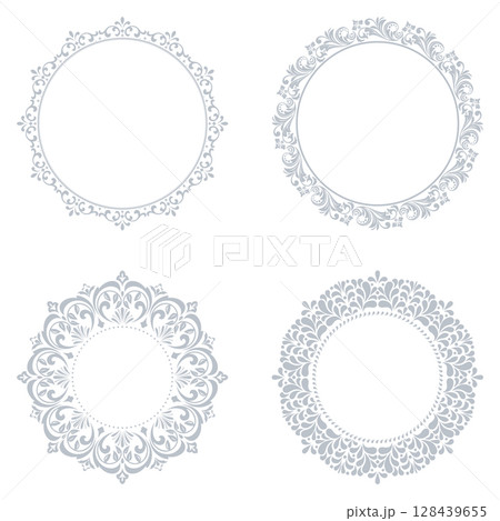 Set of decorative frames Elegant vector element for design in Eastern style, place for text. Floral gray and white borders. Lace illustration for invitations and greeting cards Set of decorative frames Elegant vector element for design in Eastern style, place for text. Floral gray and white borders. Lace illustration for invitations and greeting cards 128439655