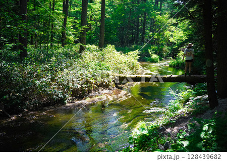 長野　上高地　小川のある風景 128439682