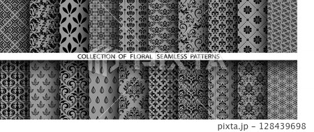 Geometric floral set of seamless patterns. Gray and black vector backgrounds. Damask graphic ornaments 128439698