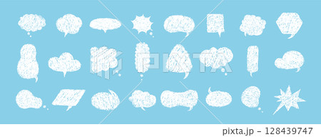 Crayons speech bubbles. Set of crayon comic frames in hand drawn style. Grunge texture. Childish Vector illustration isolated on blue background Crayons speech bubbles. Set of crayon comic frames in hand drawn style. Grunge texture. Childish Vector illustration isolated on blue background 128439747