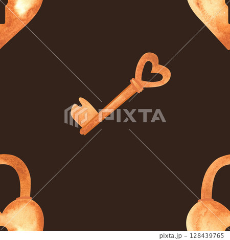 Seamless pattern with golden heart-shaped locks and keys. Watercolor illustration for textiles and wedding wrapping paper Seamless pattern with golden heart-shaped locks and keys. Watercolor illustration for textiles and wedding wrapping paper 128439765