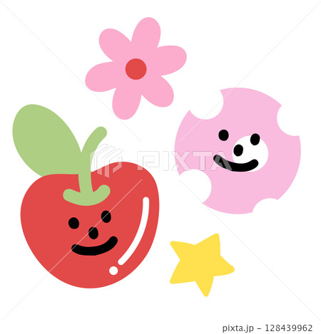 Illustration of happy cherry, star, flower for fruit, vegan, cartoon character, comic, plush toy, kid doll, sticker, spring, summer, fabric print, decoration, icon, brooch, cute patch, nature, garden	 128439962