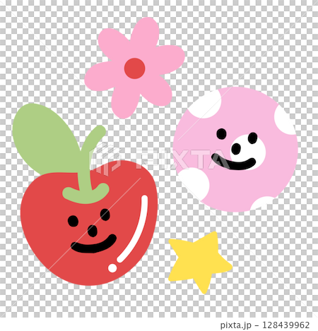 Illustration of happy cherry, star, flower for fruit, vegan, cartoon character, comic, plush toy, kid doll, sticker, spring, summer, fabric print, decoration, icon, brooch, cute patch, nature, garden	 128439962