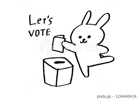Let's VOTE！投票呼びかけイラスト・ウサギキャラのモノクロ選挙素材 128440416