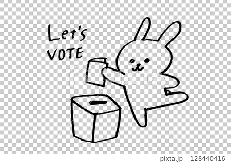 Let's VOTE！投票呼びかけイラスト・ウサギキャラのモノクロ選挙素材 128440416