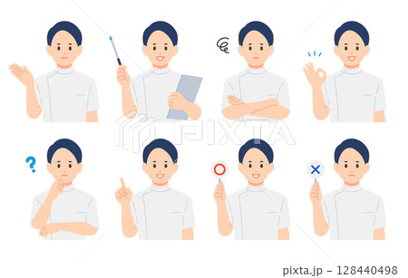 いろいろな表情･ポーズをする男性医師･看護師･技師のセット【人物ベクターイラスト素材】 128440498