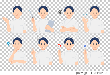 いろいろな表情･ポーズをする男性医師･看護師･技師のセット【人物ベクターイラスト素材】 128440498